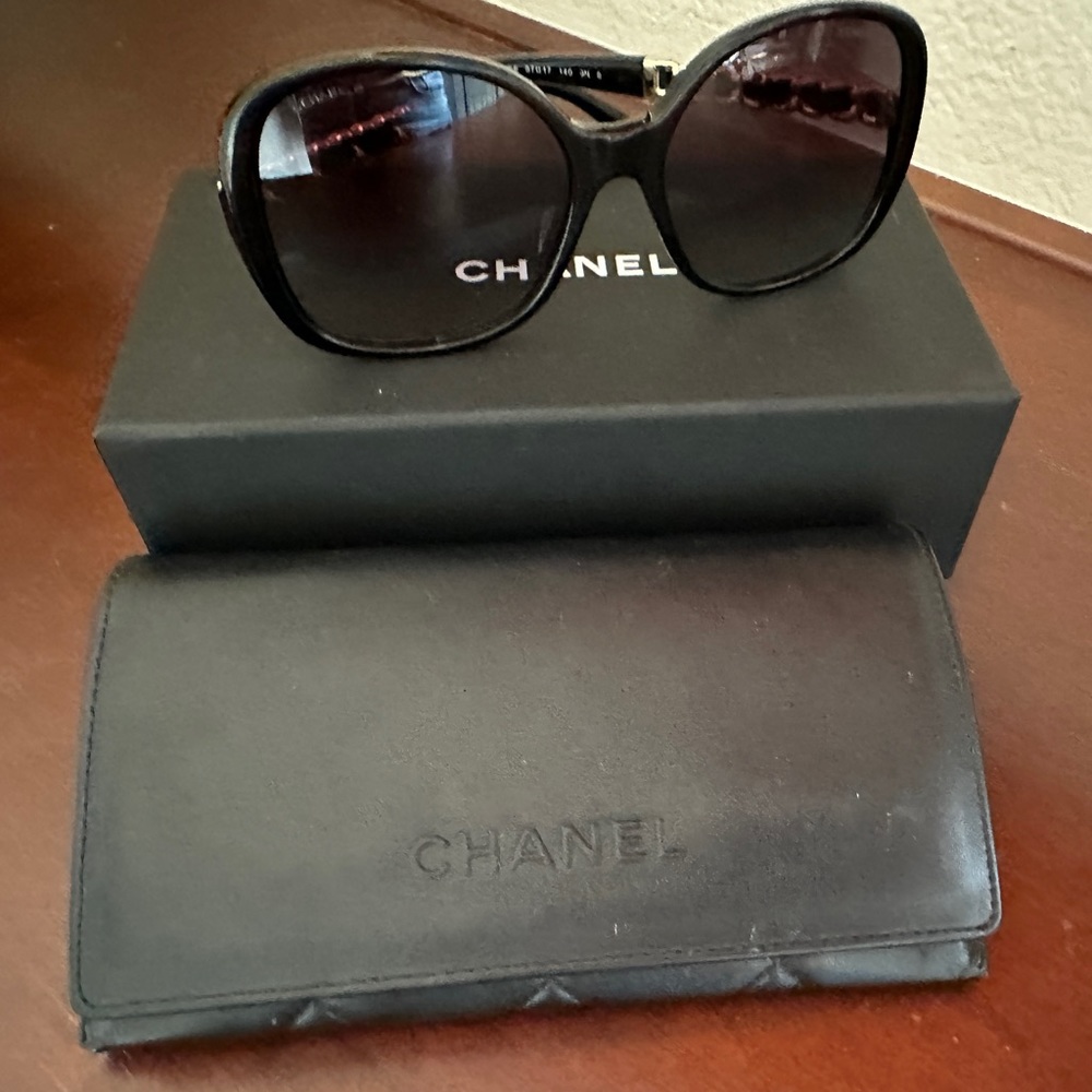 Chanel Square Black Sunglasses with leather and gold chain arms